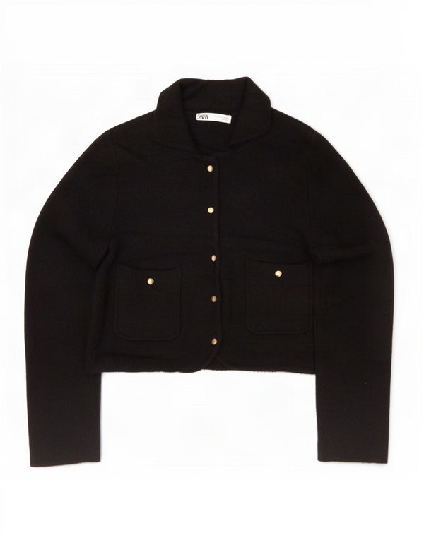 Zara Womens Crop Cardigan Sweater UK 14 Moyen Noir Acrylique