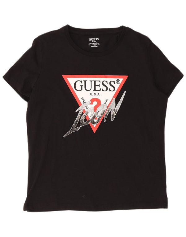 Guess Womens Graphic T-Shirt Top UK 14 Large Black Cotton