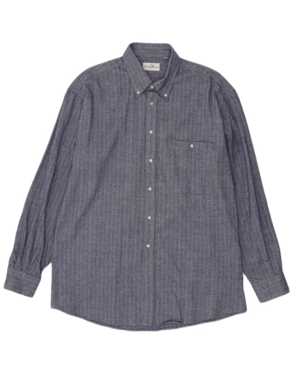 vintage Chemise Homme Taille 45 18 2XL Bleu Marine Herringbone Coton