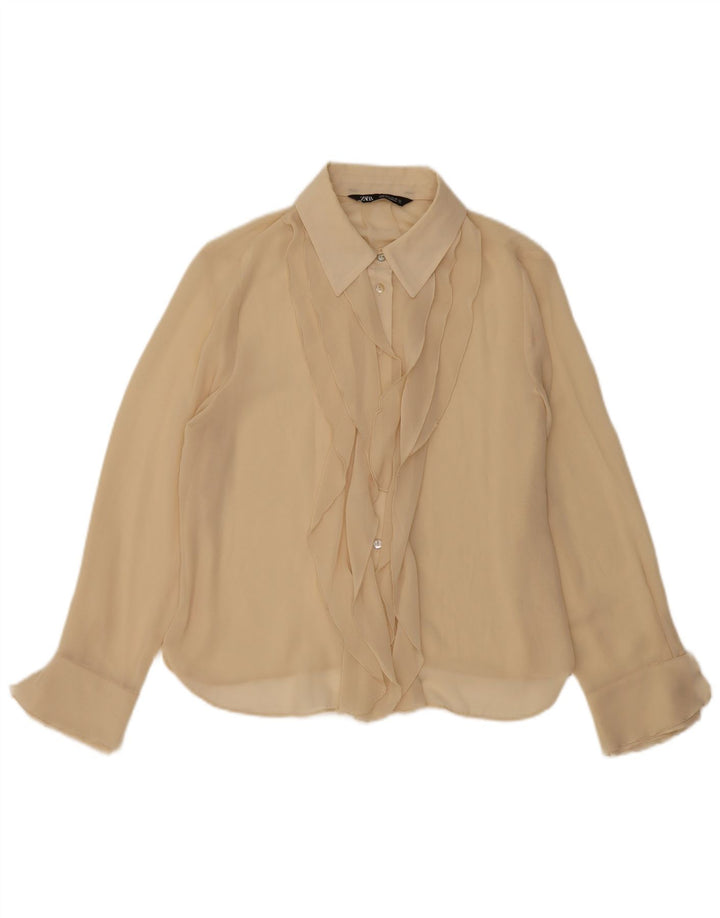 ZARA Chemisier à volants sur le devant pour femme UK 14 Large Beige Polyester