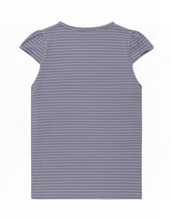 Benetton T-Shirt Femme Top UK 12 Bleu Moyen Rayé Coton
