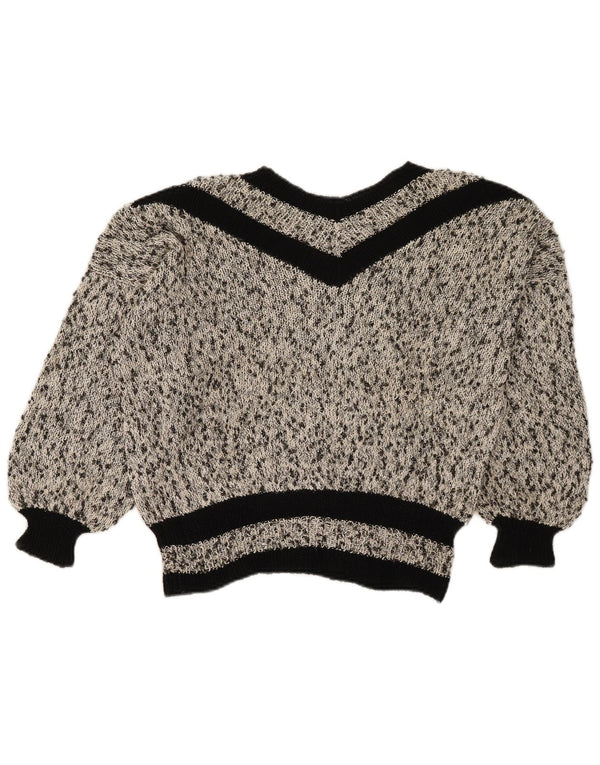 vintage Femmes Crop V-Col Jumper Pull UK 18 XL Gris Moucheté