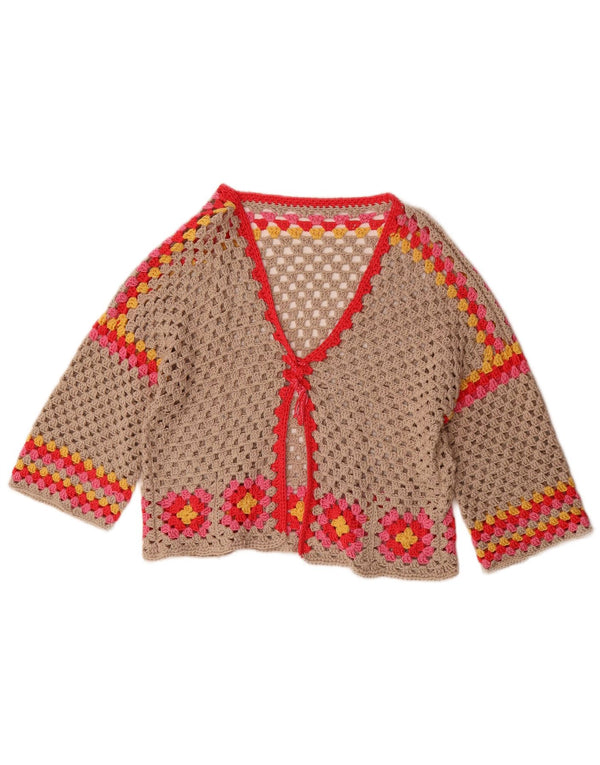 vintage Femmes 3/4 Manches Crochet Cardigan Pull UK 16 Grand Gris Floral