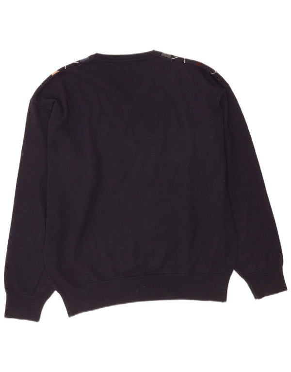 vintage Homme Col V Pull Pull Moyen Bleu Marine Argyle/Diamond Laine