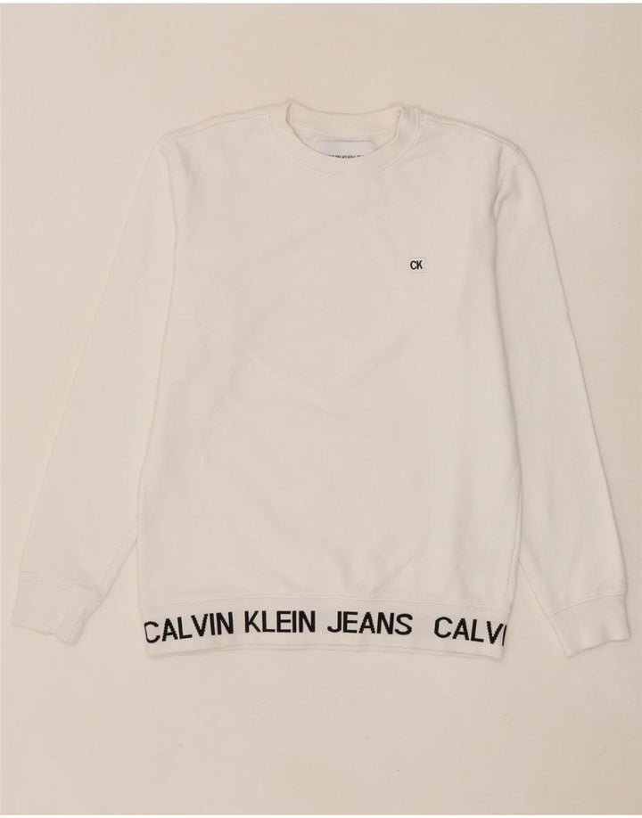 CALVIN KLEIN JEANS Mens Graphic Sweatshirt Jumper Small White Cotton Vintage Calvin Klein Jeans and Second-Hand Calvin Klein Jeans from Messina Hembry 