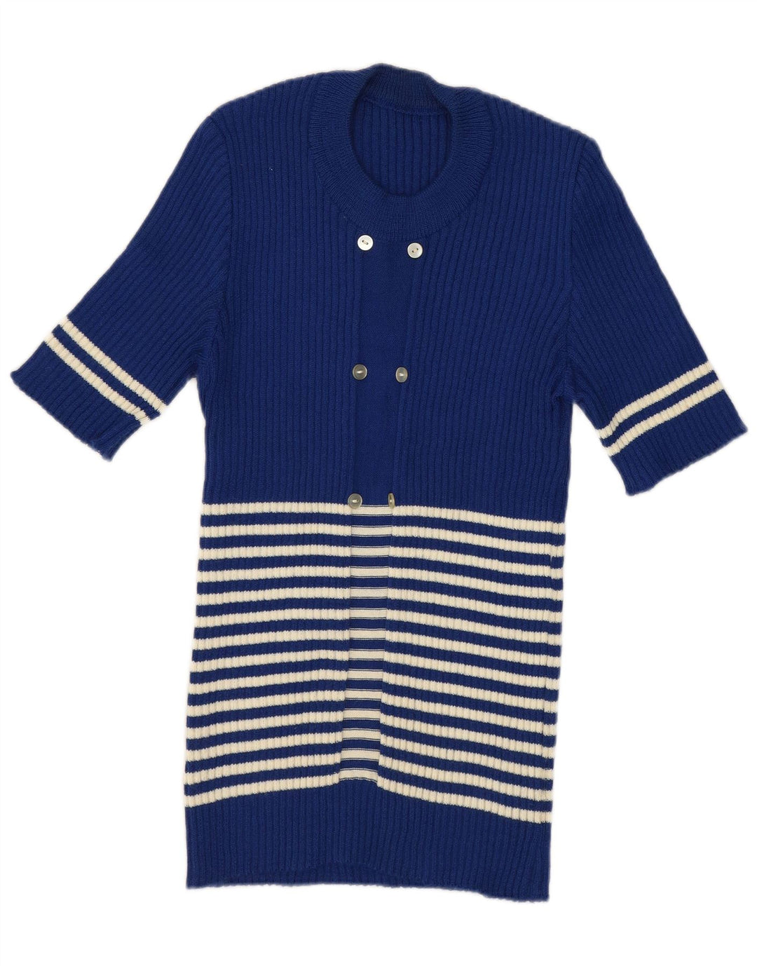 vintage Womens Crew Neck Jumper Pull UK 12 Bleu Moyen Rayé