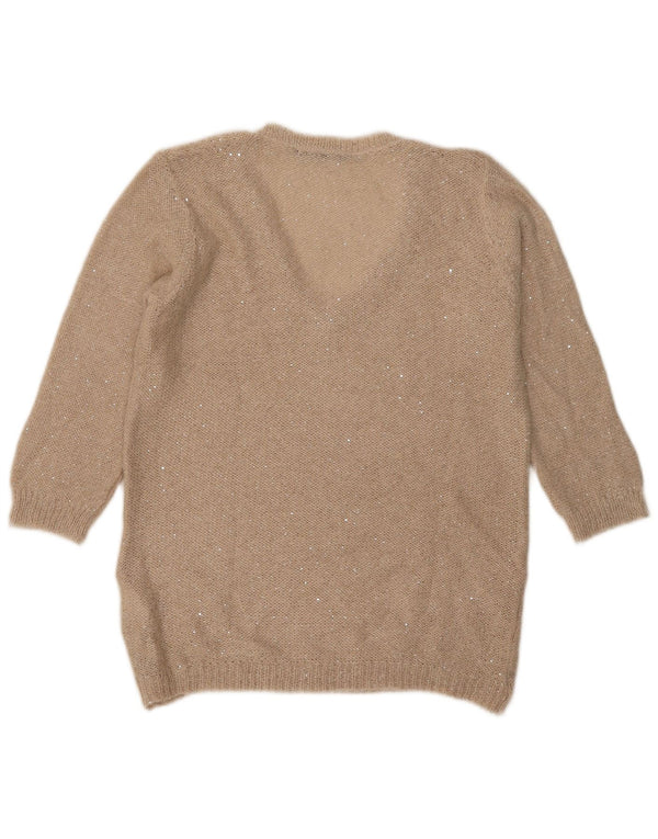 Zara Pull à manches 3/4 et col en V pour femme UK 16 Large Beige Polyester
