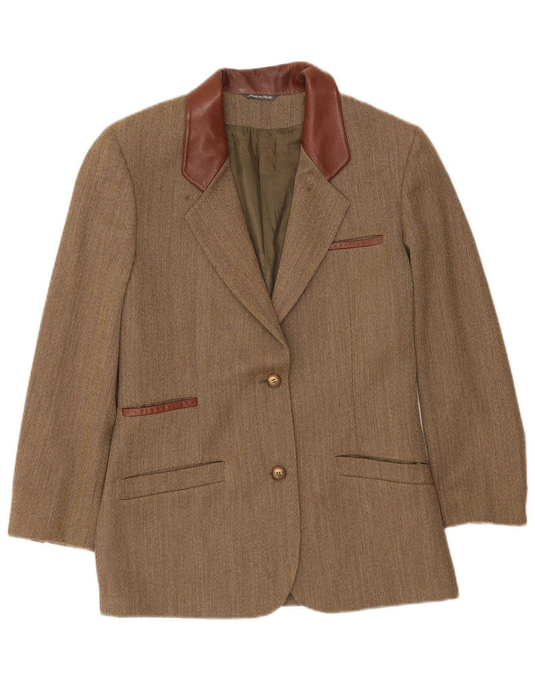 vintage Femme 2 Bouton Blazer Veste UK 14 Moyen Kaki Chevrons