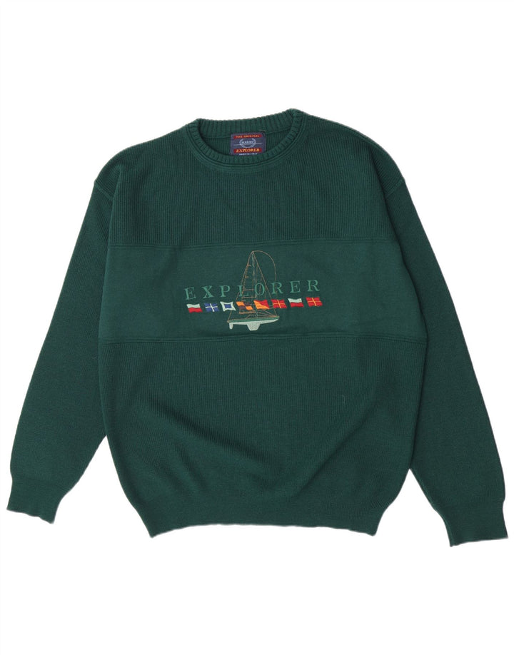 Explorer Pull graphique à col rond pour homme IT 50 en laine vert moyen