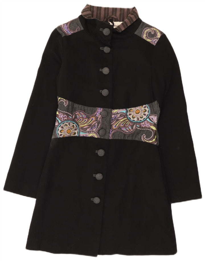 vintage Womens Graphic Overcoat UK 10 Petit Noir Patchwork Coton