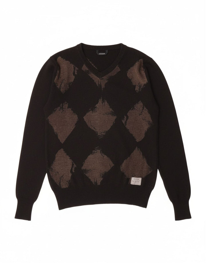 GUESS Womens V-Neck Jumper Sweater UK 10 Small Black Argyle/Diamond Wool
