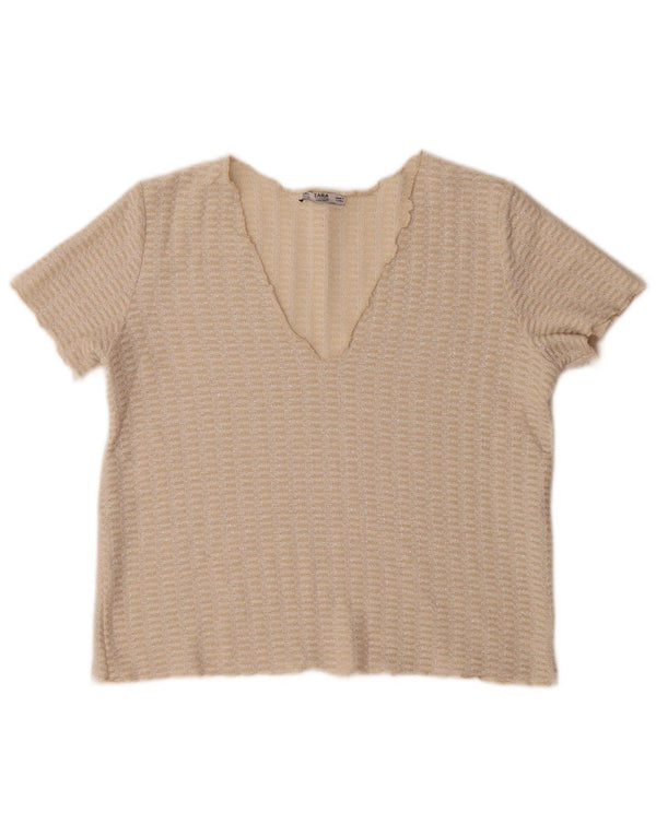 Zara Womens Crop Knit Blouse Top UK 14 Beige Moyen Moucheté
