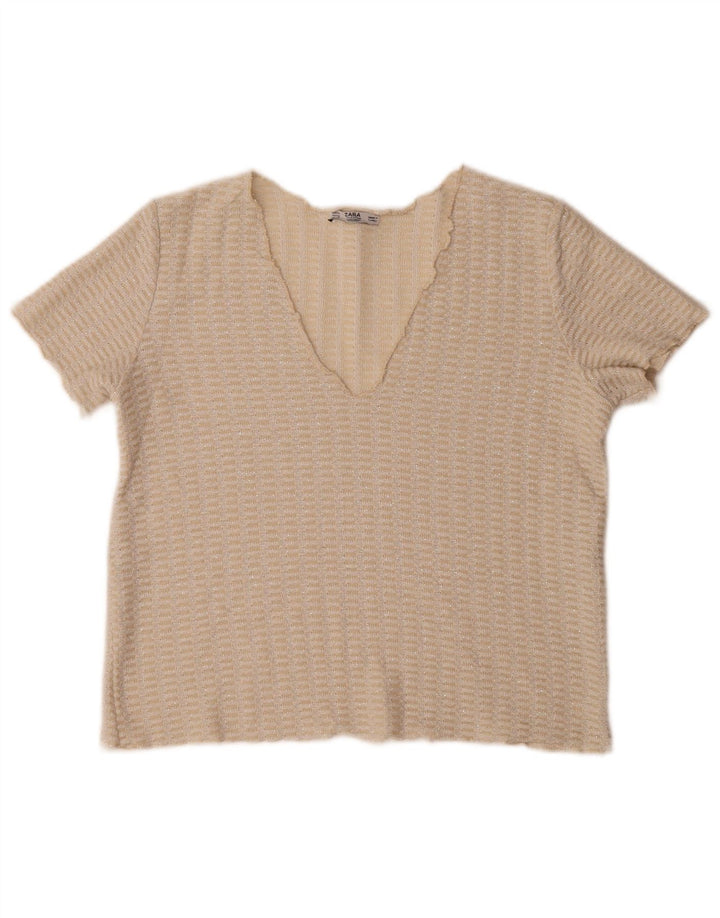 Zara Womens Crop Knit Blouse Top UK 14 Beige Moyen Moucheté