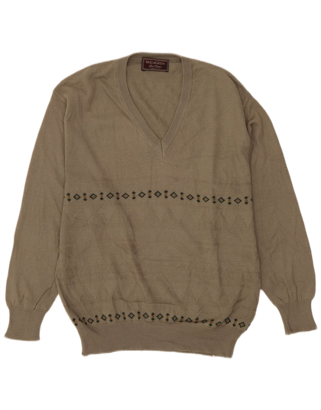 MALAGRIDA Pull Col V Homme Gris Moyen Laine Géométrique