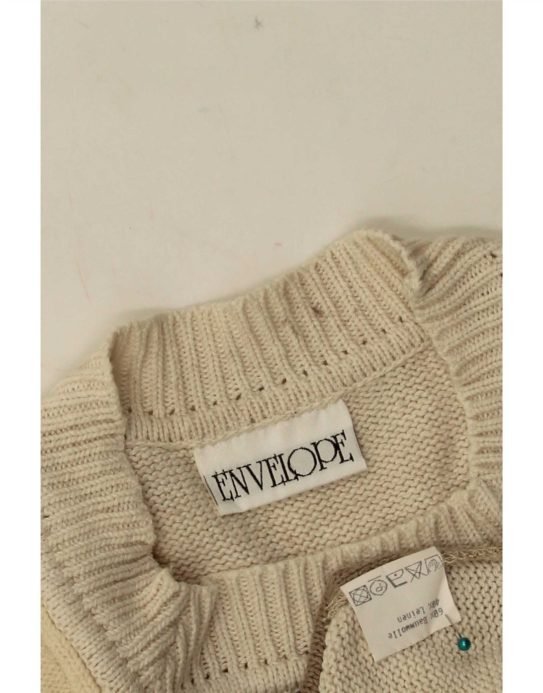 vintage Femme Crew Neck Jumper Pull EU 42 Grand Beige Patchwork