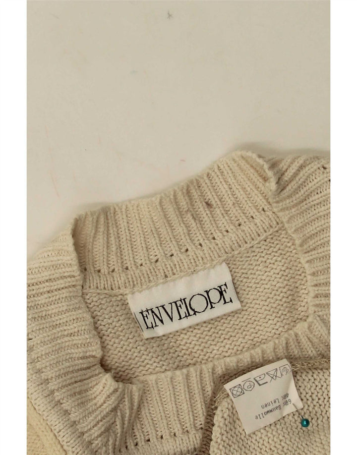 vintage Femme Crew Neck Jumper Pull EU 42 Grand Beige Patchwork