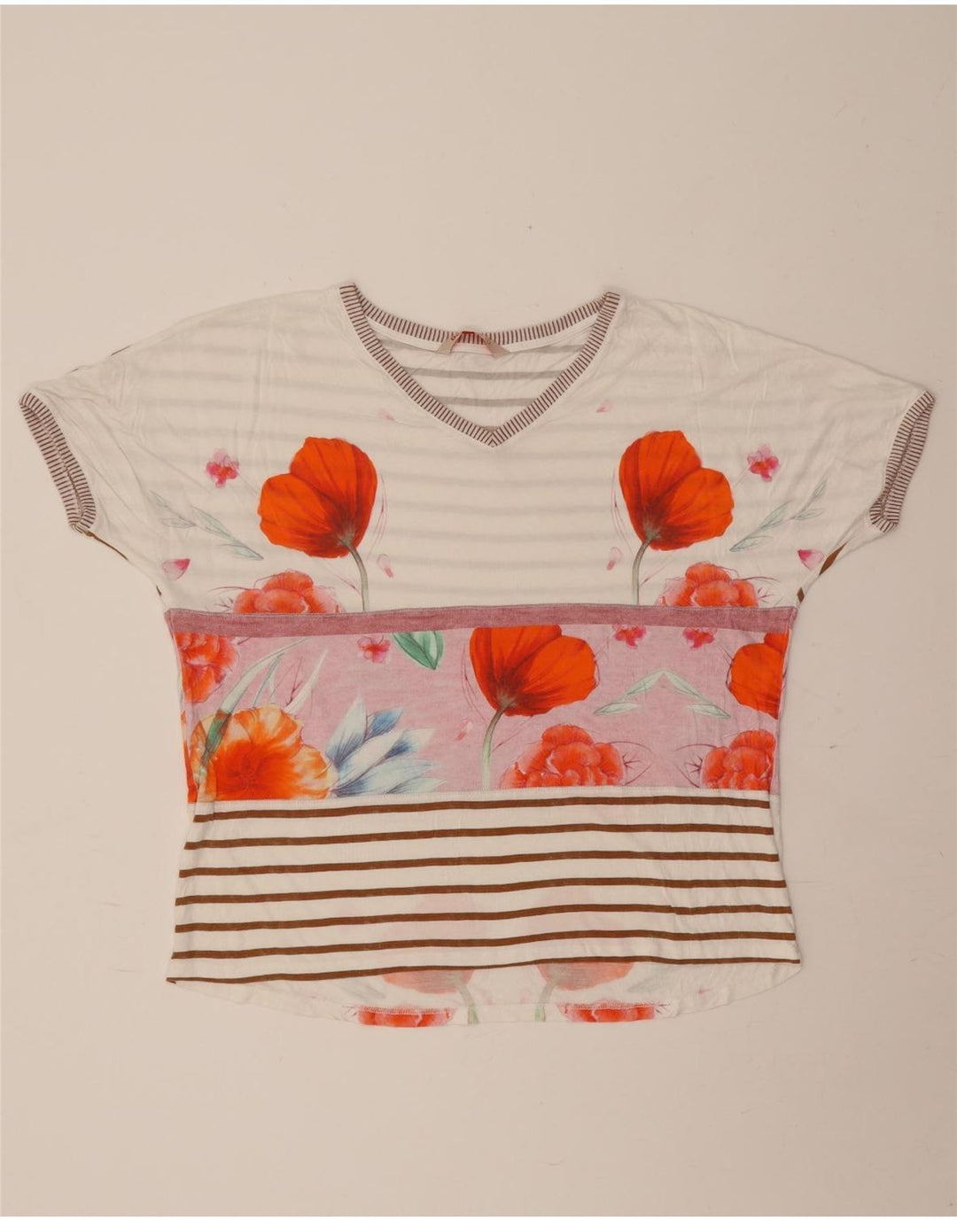 Desigual T-Shirt Femme Top UK 16 Large Blanc Cassé Floral