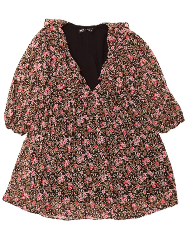Zara Robe trapèze à manches 3/4 pour femme UK 10 Petit motif floral multicolore