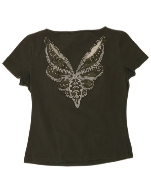Christian Dior T-shirt graphique pour femme UK 14 Papillon kaki moyen