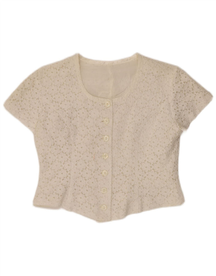 VINTAGE Femme Crop Chemise À Manches Courtes Blouse IT 46 Grand Blanc Cassé Floral