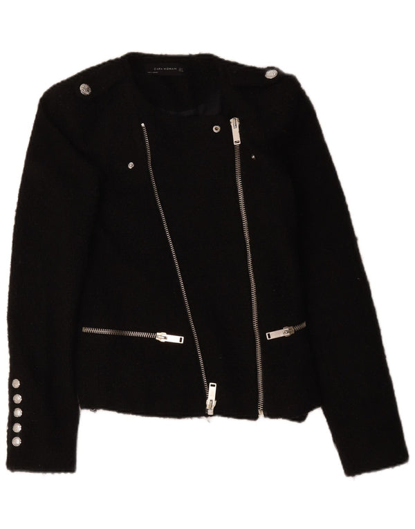 Zara Veste Blazer Militaire Zippée Pour Femme UK 10 Petit Acrylique Noir