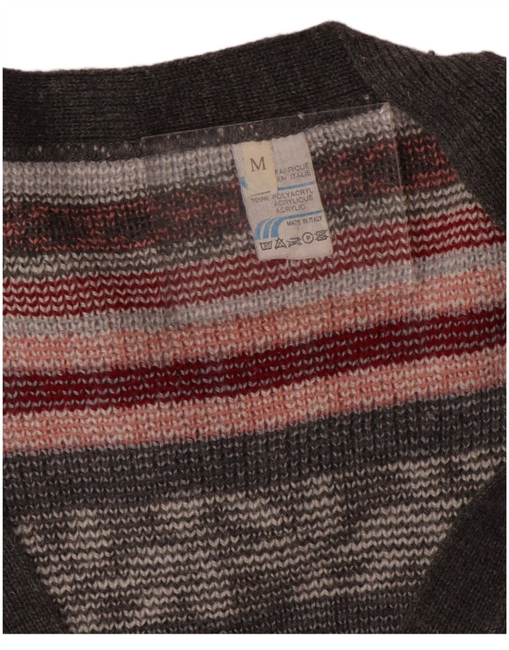 vintage Femmes Surdimensionné Cardigan Pull UK 14 Moyen Gris Rayé Acrylique