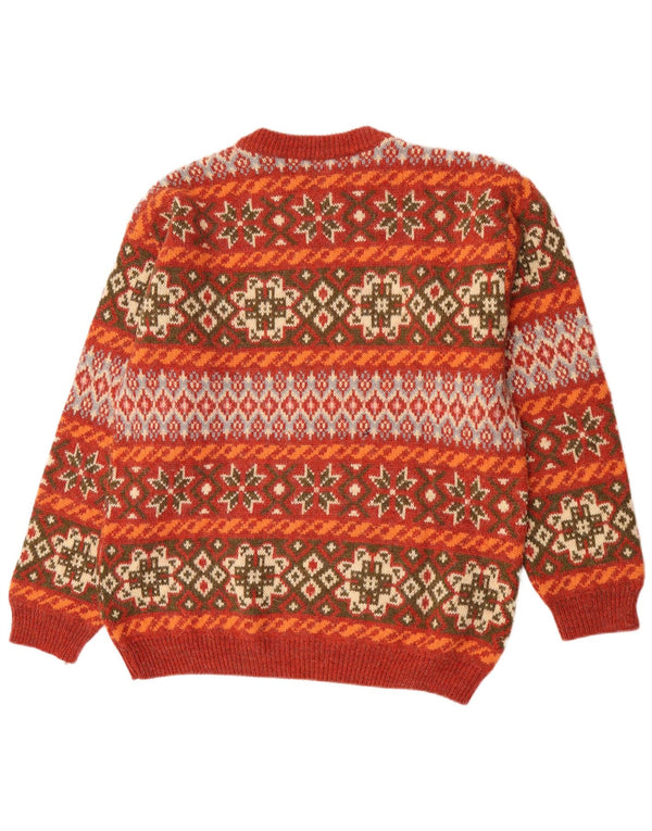 vintage Mens Crew Neck Jumper Pull XL Orange Fair Isle Alpaga Laine