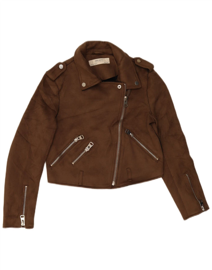 ZARA Veste de motard courte en simili cuir pour femme UK 10 Petit Marron Polyester