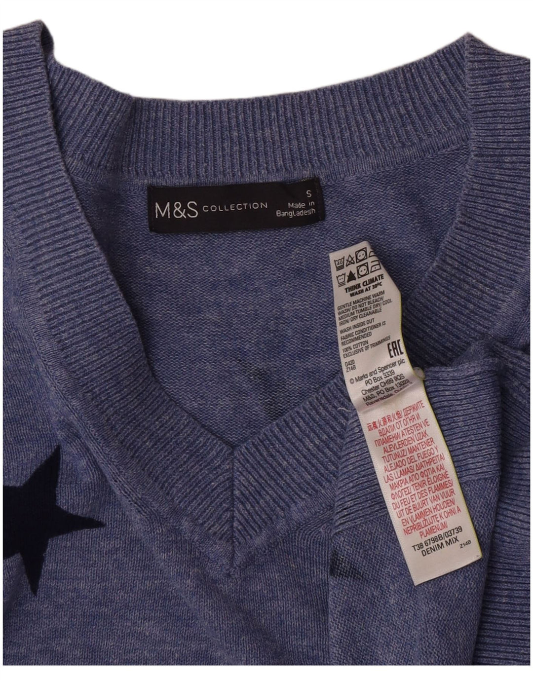 Marks & Spencer Pull graphique à col en V pour femme UK 10 Small Bleu