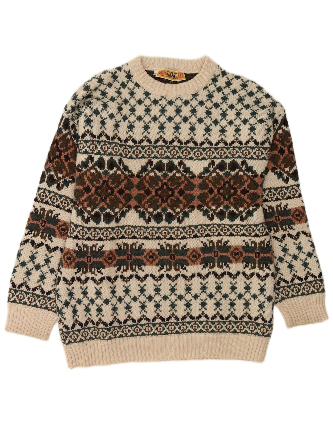 vintage Mens Crew Neck Jumper Pull IT 50 Moyen Blanc Fair Isle Laine