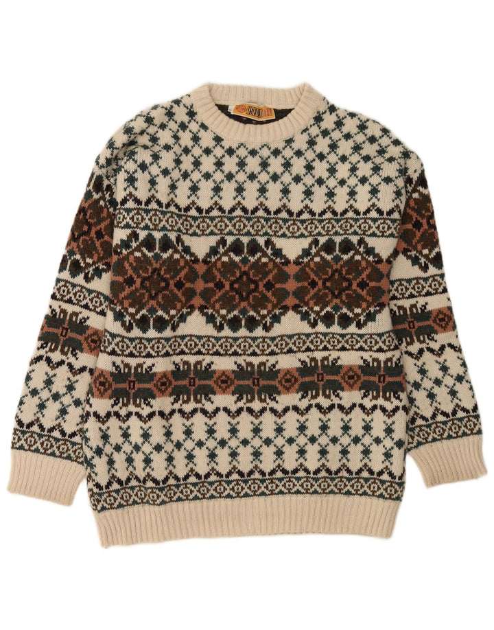 vintage Mens Crew Neck Jumper Pull IT 50 Moyen Blanc Fair Isle Laine