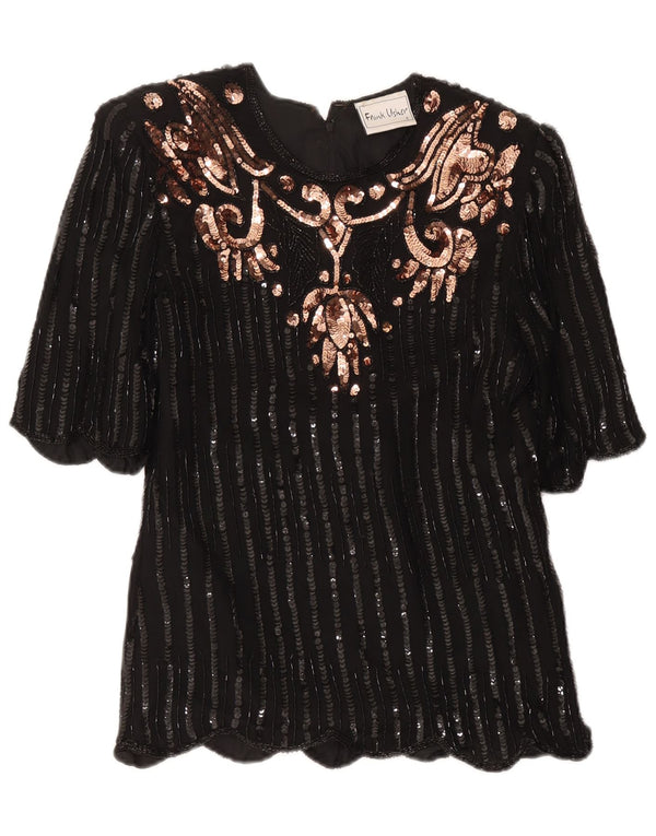 Frank Usher Chemisier de soirée pour femme UK 10 Petite soie cachemire noire