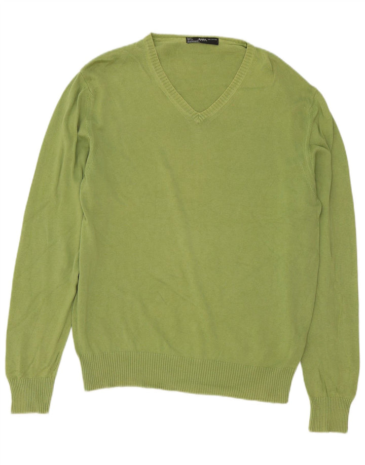 Zara Pull col V pour homme en coton vert Large