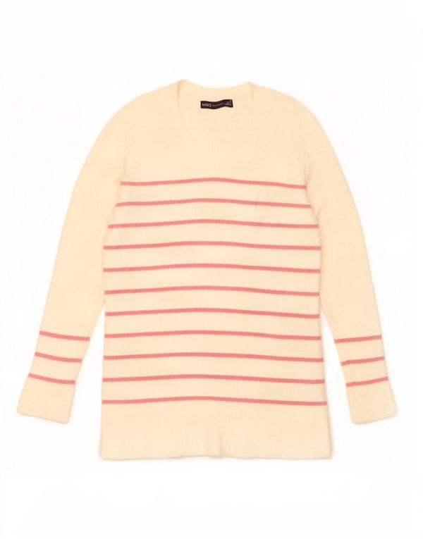 Marks & Spencer Womens V-Neck Jumper Sweater UK 10 Small Off White Striped