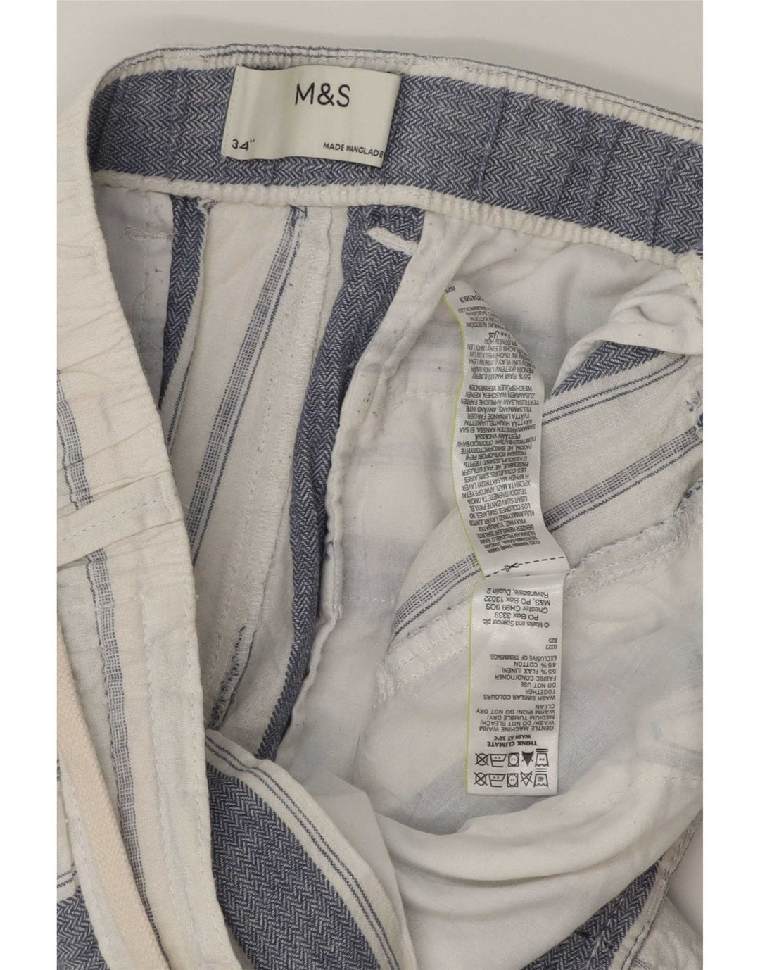Marks & Spencer Short Chino Homme W34 Grand Lin Rayé Blanc