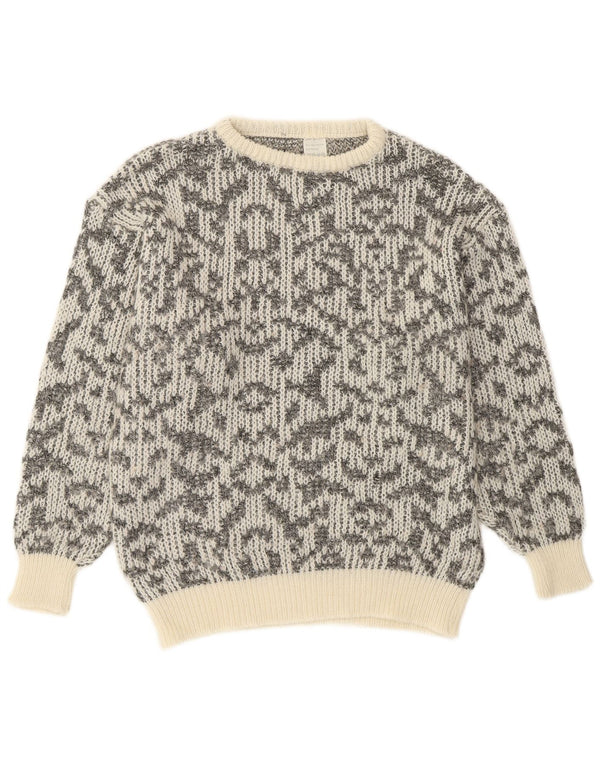 vintage Womens Crew Neck Jumper Sweater UK 16 Grand Gris Géométrique