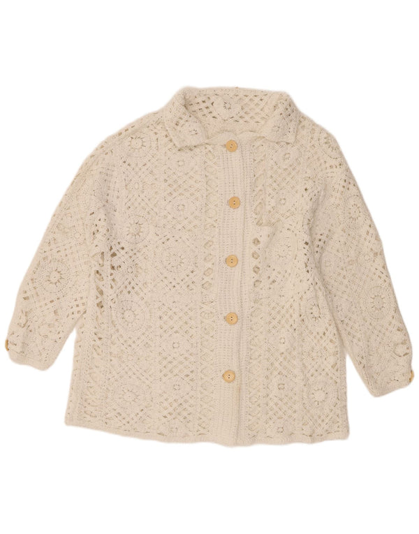 vintage Femmes 3/4 Manches Crochet Cardigan Pull UK 18 XL Coton Blanc