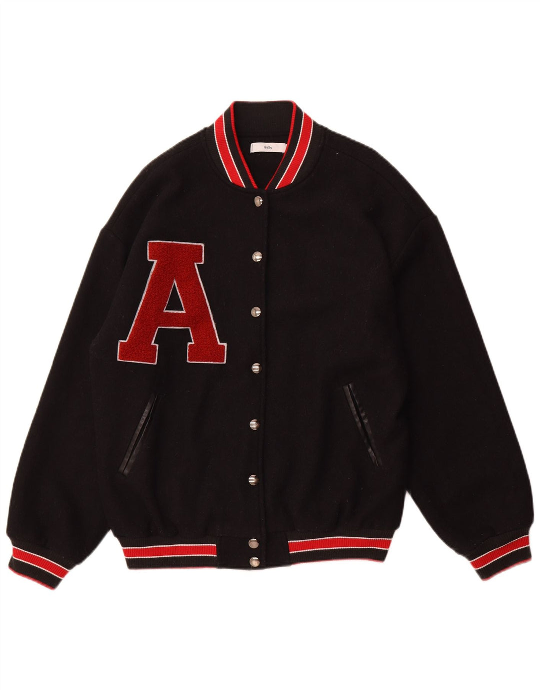 vintage Mens Graphic Varsity Jacket UK 38 Polyester Noir Moyen