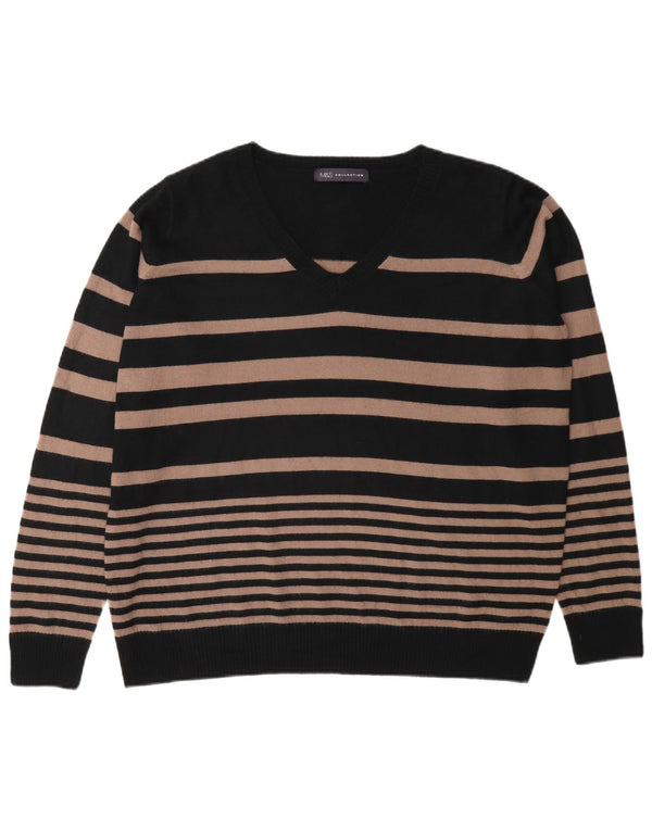 Marks & Spencer Pull col en V pour femme UK 16 Large Noir Rayé