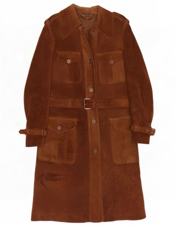 vintage Femmes Militaire Daim Pardessus UK 10 Petit Brun