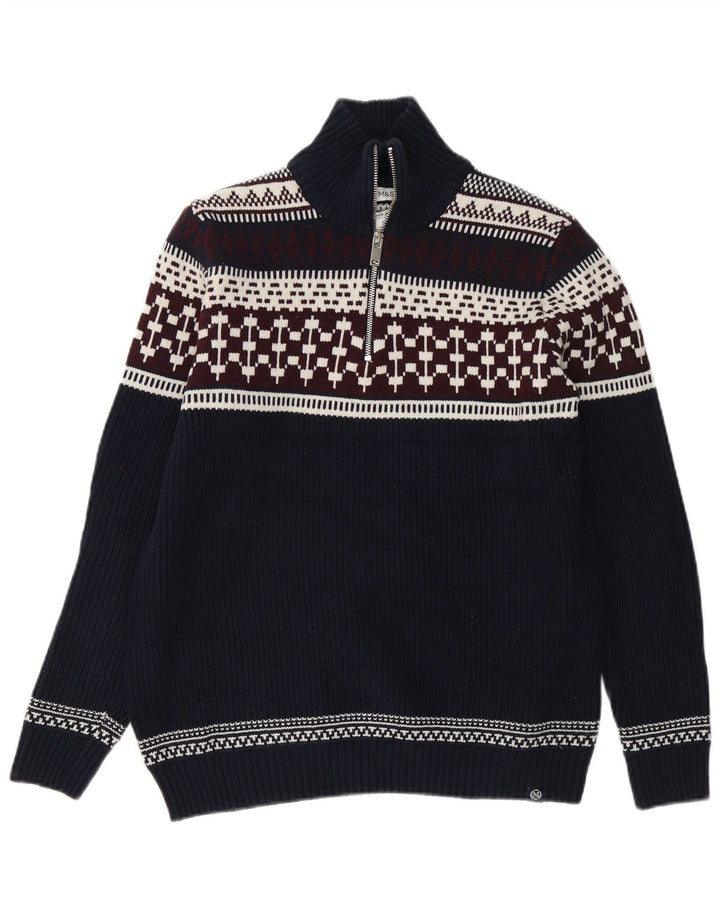 Marks & Spencer Pull à col zippé pour homme Taille L Bleu marine Fair Isle