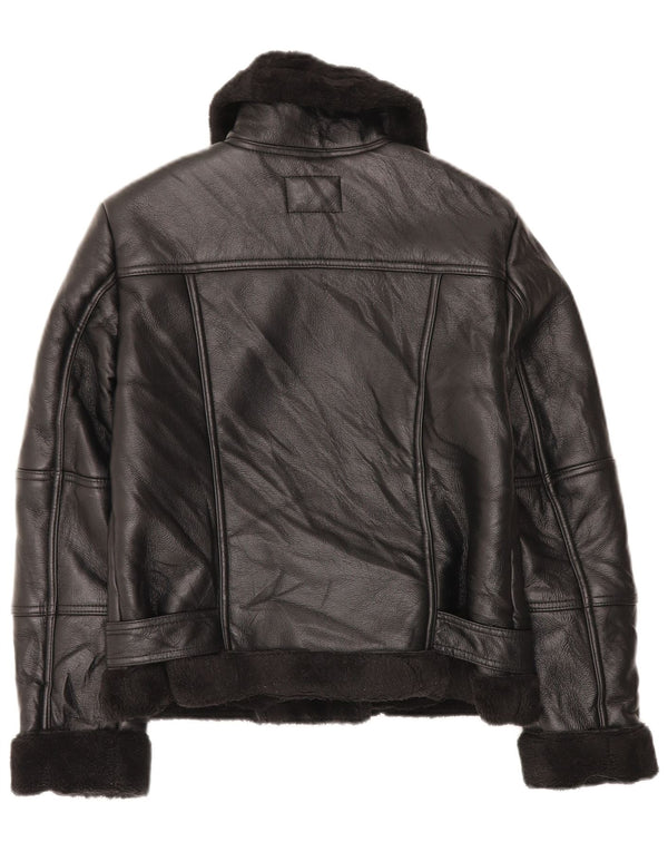 VINTAGE Femmes Sherpa Faux Cuir Biker Veste UK 10 Petit Noir