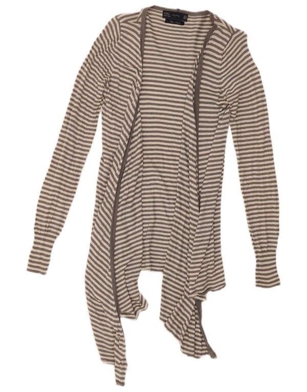 Zara Womens Longline Asymétrique Cardigan Pull UK 12 Gris Moyen Rayé