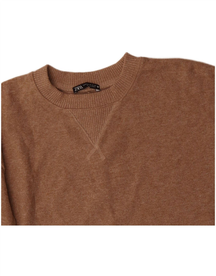 ZARA Pull court à col rond pour femme UK 14 Polyester beige moyen