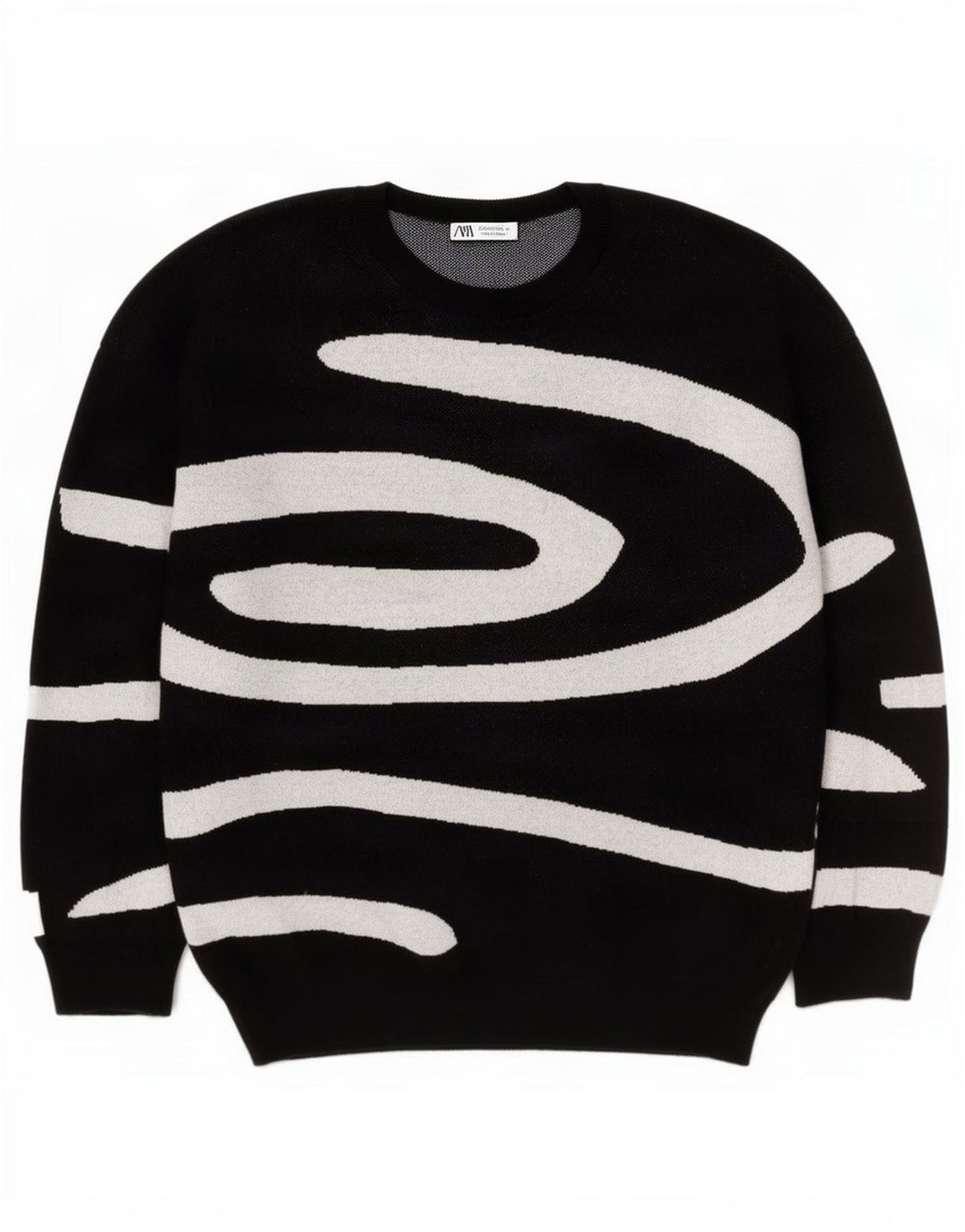 Zara Pull à col rond à motif abstrait pour hommes, grand coton noir