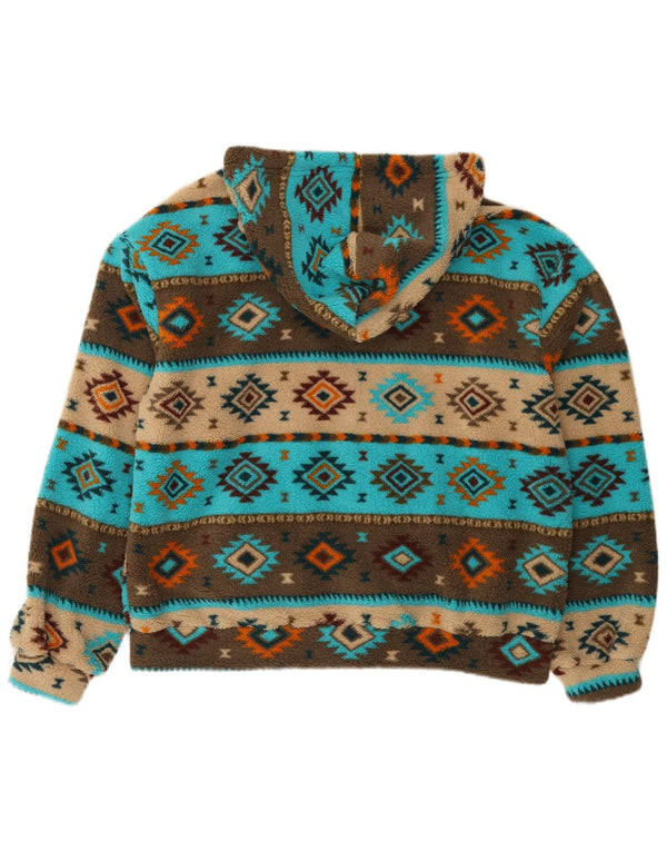 vintage Femme Veste polaire surdimensionnée à capuche UK 16 Grand Bleu Géométrique