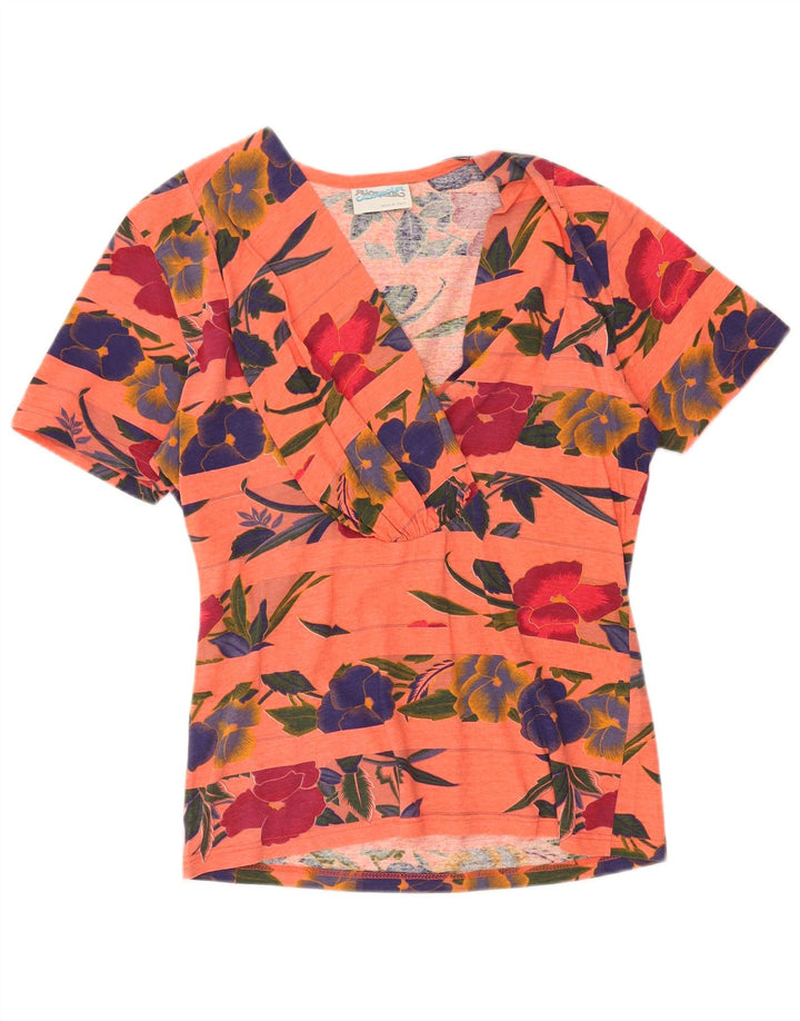VINTAGE Chemisier Femme Top UK 14 Coton Floral Orange Moyen
