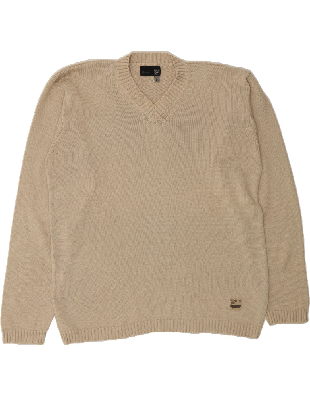 GAS Mens V-Neck Jumper Sweater Large Beige Cotton Vintage Gas and Second-Hand Gas from Messina Hembry 
