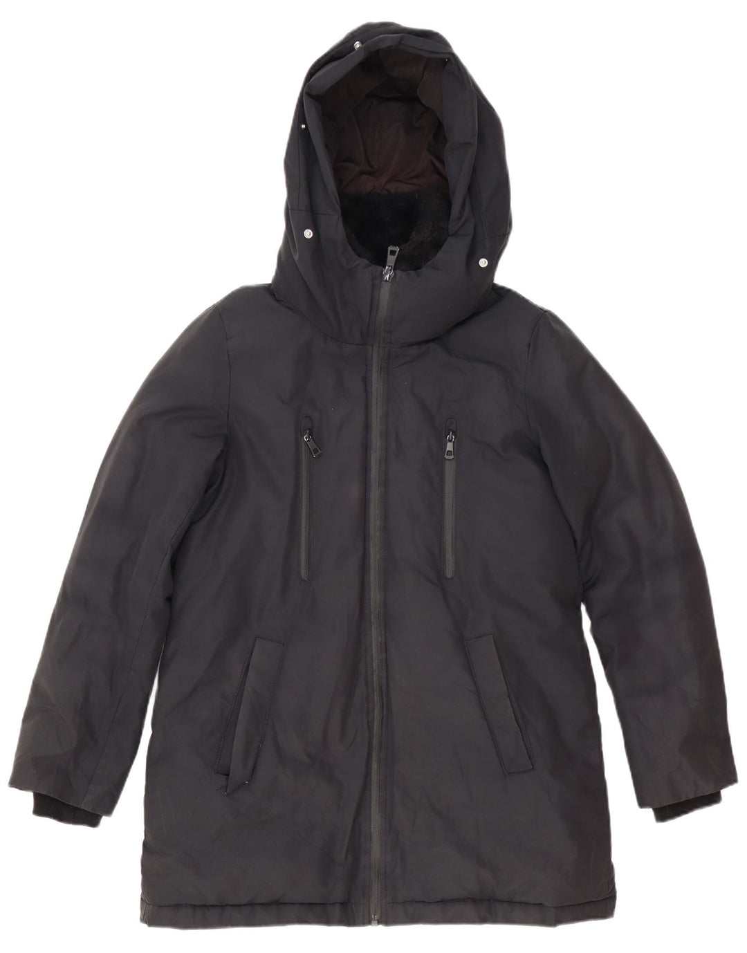 Zara Parka à capuche pour femme UK 6 XS Noir Polyester