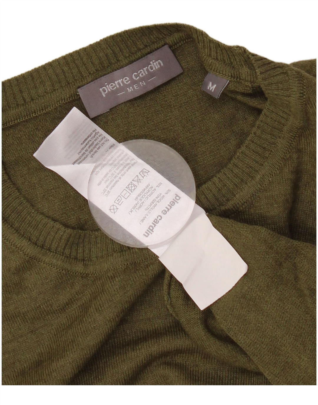 PIERRE CARDIN Pull pour hommes à col rond Taille M, Laine Kaki